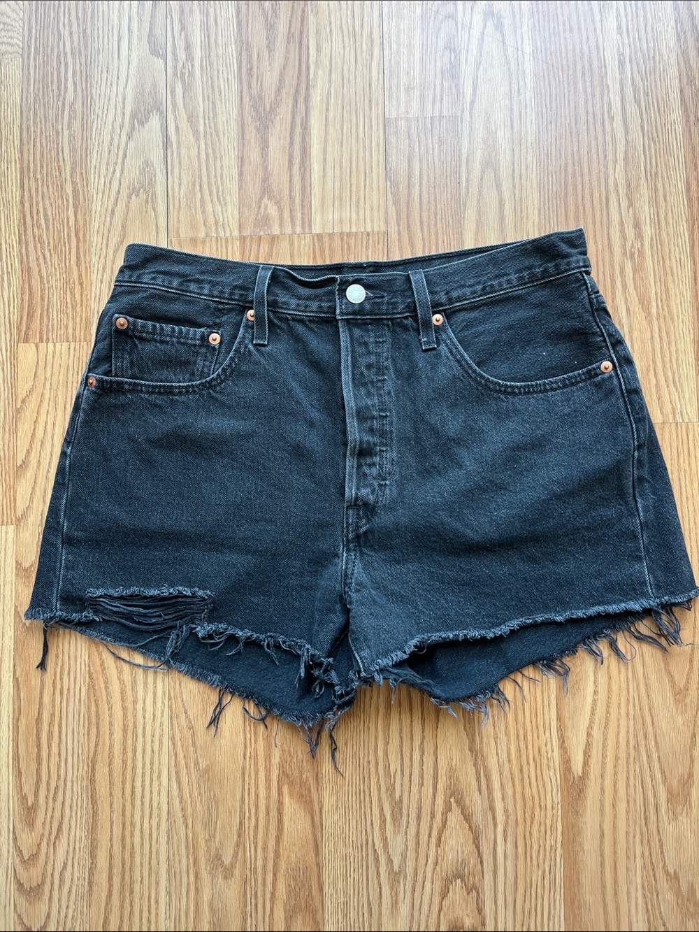 Levi's Black Distressed Frayed Denim Shorts